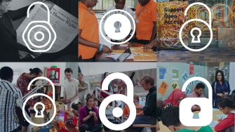 Collage of six images with various Open Access padlock icons overlay. Images depict human rights reports, development, education, innovation and collaboration.
