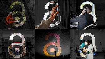 Collage with dark gradient overlay of the Open Access logo on each image. Woman in forest reading a map. A hand touching books. A man coding on a computer. A person walking amongst library shelves. Silhouette of a person looking up a starry night sky. A woman working in a lab.