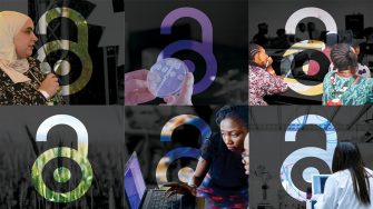 Collage: a woman with hijab speaking publicly, a hand holding up a petri dish, students in a classroom in Lagos State, blades of grass, two people looking at a laptop screen, a female scientist in a lab. The Open Access logo is overlaid on each image.