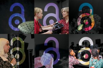 Collage: A radio telescope against starry sky, two people in healthcare, a tropical fish in colourful reef, a woman with hijab speaking publicly, a hand holding up a petri dish, and students in a classroom in Lagos State. The Open Access logo is overlaid on each image.