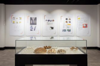 A photo of a gallery space, showing a display case with white and gold 3D-models of abstract, waffle-like shapes. Behind the display case is a white wall with five posters, each with indiscernible images and writing.