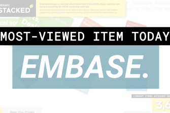 A still image of a computer screen. Two large boxes in the middle of the screen display the text "Most-viewed item today Embase". In the bottom right of the screen two small text boxes display the text "Library items accessed online today 3,616".