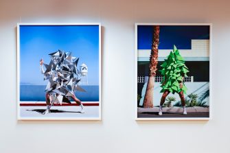 Two framed artworks hung side by side. The left depicts a photo of a human figure in a sculptural, silver costume against a blue background. The right is a photo of a human figure wearing a green, tree-like costume, with a building in the background.