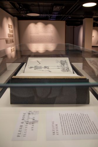 A display case with a large book propped open displaying an illustration of a skeleton walking through a landscape