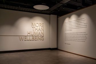 A dimly lit room with the words 'More than human wellbeing' in wooden letters on left and printed exhibition text on right