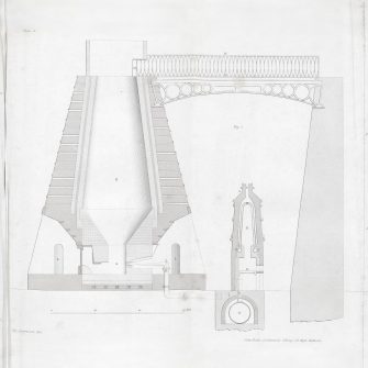 A black and white diagram showing a cross-section of a large industrial structure with various pipes and chambers. Smaller diagrams on the side show detailed views of different components.