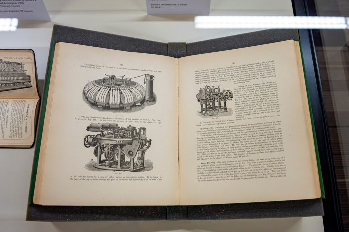 An opened book showing a page with text interspersed with black and white illustrations of textile machinery
