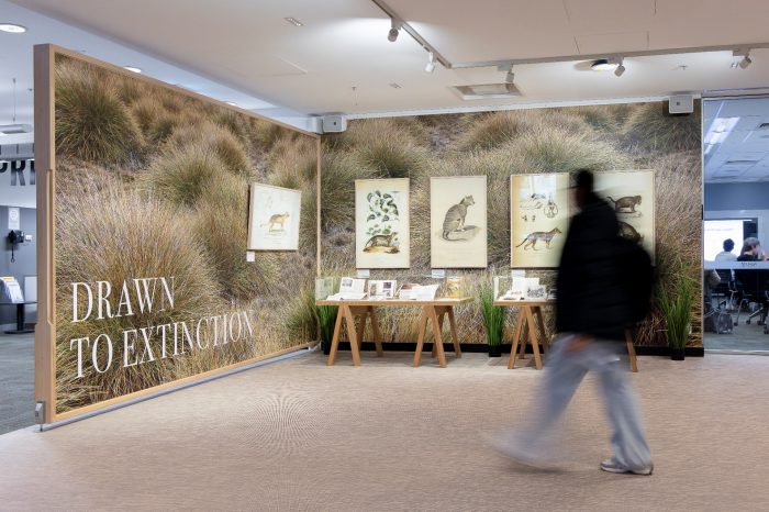 A person walks through a gallery space, looking at the display of illustrations of Tasmanian Tigers hung on the wall. 