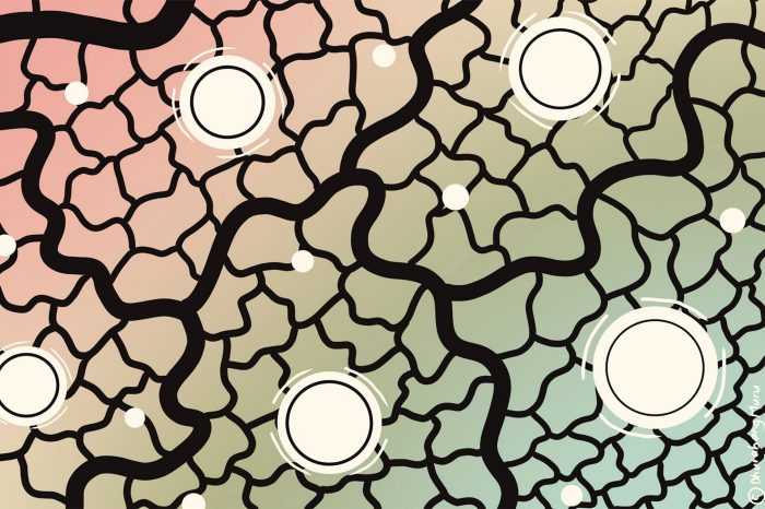 An illustration of black fracturing lines interspersed with white circles, with a colour gradient shifting from pale red to green in the background