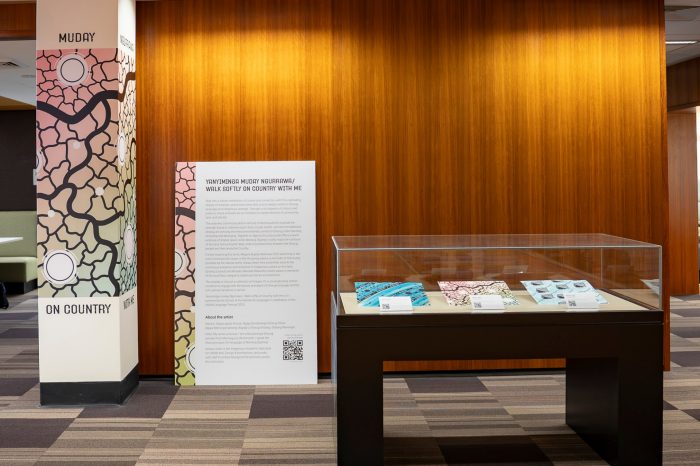 A glass display case with three colourful printed artworks inside. Behind the display case is a wooden wall with a white information panel resting against it. 
