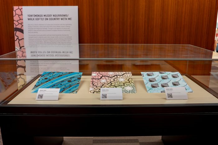 A glass display case with three colourful printed artworks inside. In front of each artwork is a slip of paper with a QR code.
