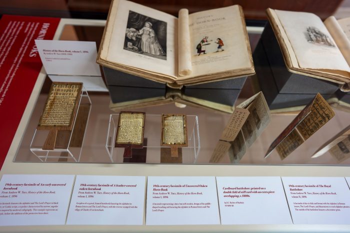 A glass display case containing three paddle-shaped objects and two opened books. 