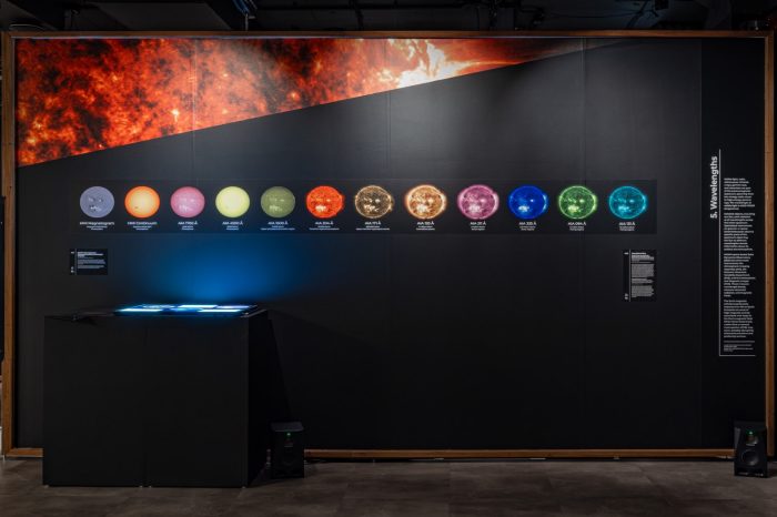 Exhibition display titled "Wavelengths" featuring a row of circular images showing the  sun wavelengths in different colours.