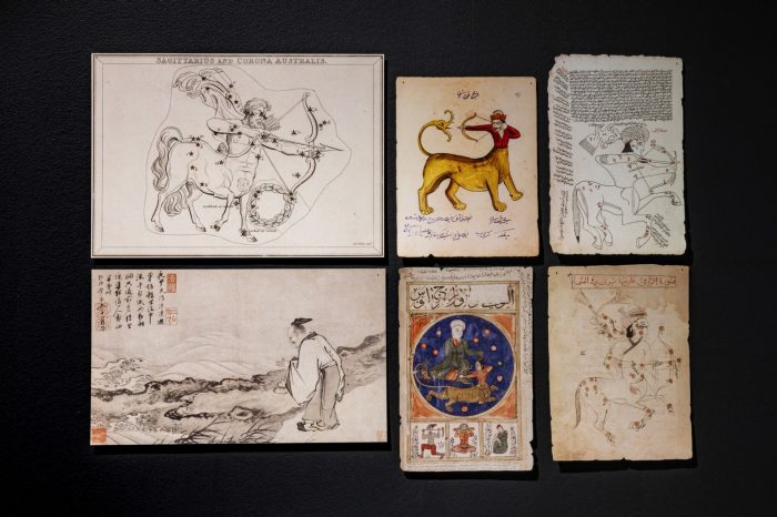 A collection of six historical illustrations and manuscripts depicting constellations and figures from various cultural astronomical traditions.