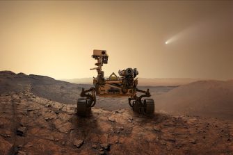 A 3D visualisation of the Mars Rover robot against an orange alien landscape 