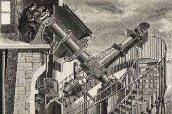 A black and white engraving depicting an astronomer sitting in an observatory, peering through a large, sophisticated refracting telescope mounted on an intricate metal equatorial stand with a winding staircase.