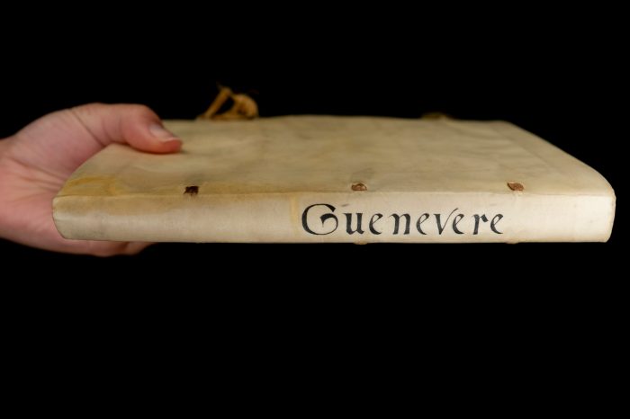 A hand holds a book from the side, revealing its light-colored, flexible cover and the title "Guenevere" lettered in a clear, dark, gothic-inspired typeface along the thin spine.