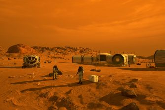 An illustration captures two astronauts in white suits standing on a rocky, rust-colored Martian plain beside a modular multi-story habitat under a hazy, orange sky.