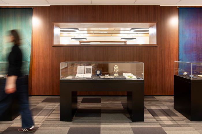 Exhibition space with glass display cases containing artifacts, set against a wood-panelled wall, with a blurred visitor walking past in the foreground. 