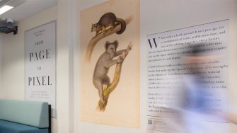 A blurred motion figure walks past an exhibition wall featuring large vinyl panels with text and artwork of a koala and possum.