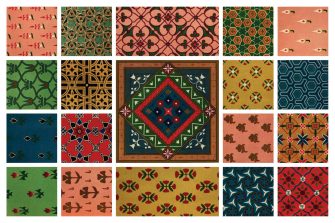 A series of tessellating patterns reminiscent of 1970s textiles in muted colours, arranged as a mosaic