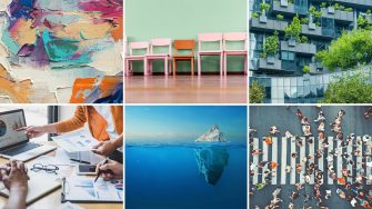 Collage of 6 photos to represent different subject areas - colourful abstract painting, a row of classroom chairs, a modern apartment with a vertical garden, people doing group work with laptop and notepads, an iceberg, and a bird's eye view of a pedestrian crossing.