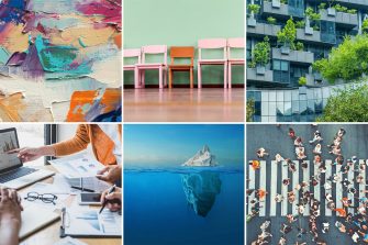 Collage of 6 photos to represent different subject areas - colourful abstract painting, a row of classroom chairs, a modern apartment with a vertical garden, people doing group work with laptop and notepads, an iceberg, and a bird's eye view of a pedestrian crossing.