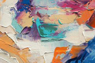 Abstract painting on canvas, in large brush strokes of orange, white, teal and purples.