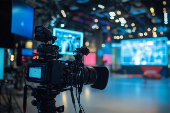 A close up of a camera pointing to a media studio space with large screens.