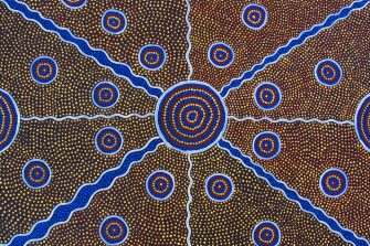An Indigenous dot painting in colours of blue, yellow, red and black, depicting a series of connected waterholes.