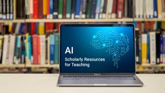 A laptop open with its screen facing forward. A blue image is on its screen. The image shows glowing linked lines in the shape of a brain, with the text: 'AI Scholarly Resources for Teaching'. 