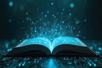 An open book set on top of a circuit board with glowing blue holographic lines coming out of the book.