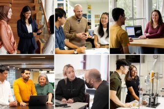 Collage of images with students and researchers in conversations