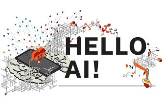 Sketched architectural elements including arrows, scaffolding pipes, graphs, cogs emanating from mobile phone screen with red and orange heart sign protruding. Large black text shows HELLO AI!