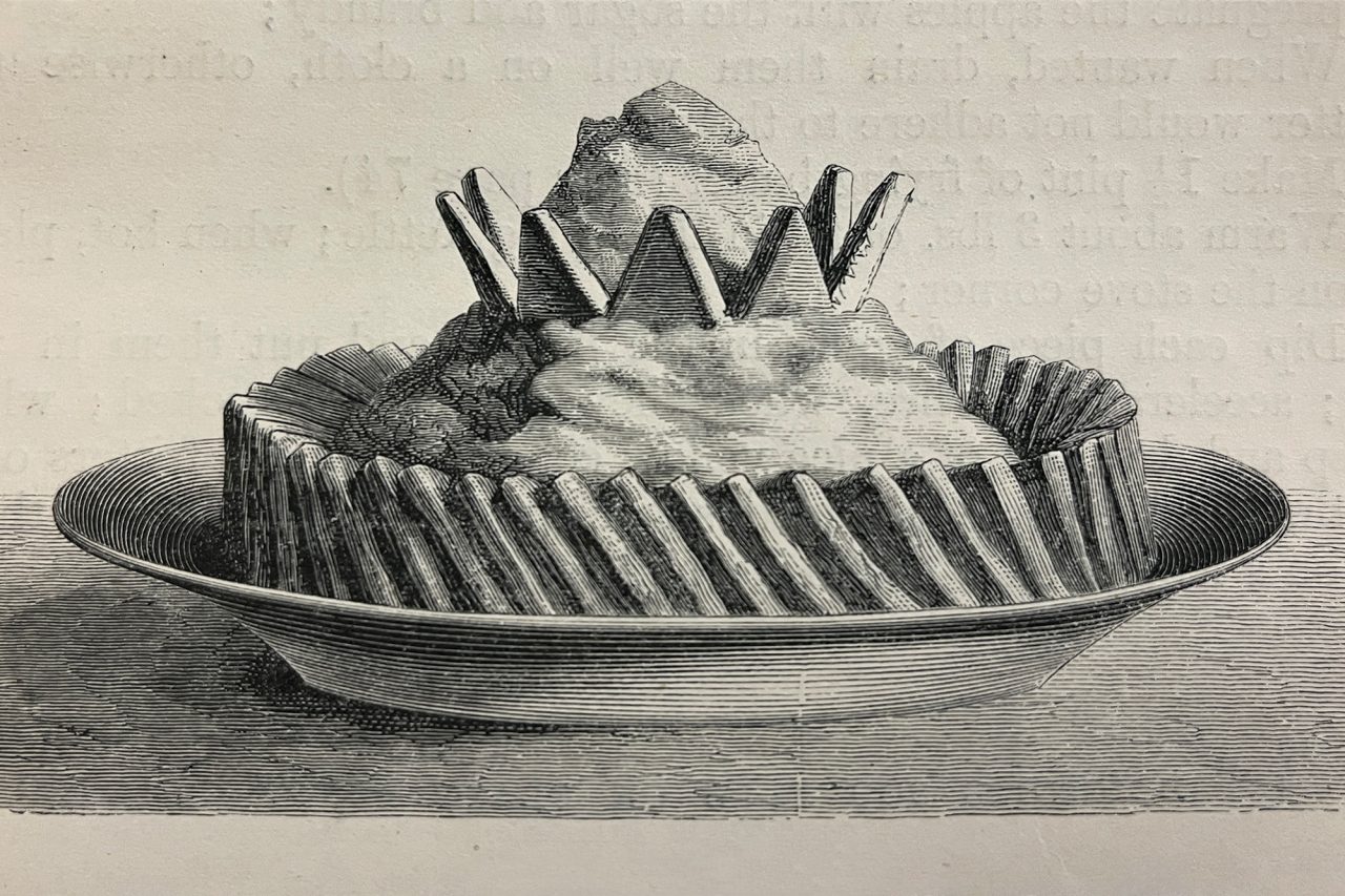 A black and white illustration of an elaborate dessert with triangular biscuits stuck to the top like a crown.