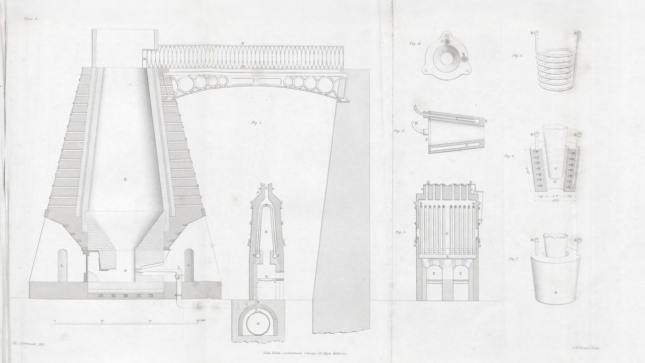 A black and white diagram showing a cross-section of a large industrial structure with various pipes and chambers. Smaller diagrams on the side show detailed views of different components.