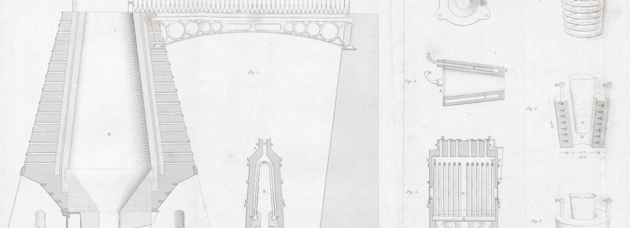 A black and white diagram showing a cross-section of a large industrial structure with various pipes and chambers. Smaller diagrams on the side show detailed views of different components.