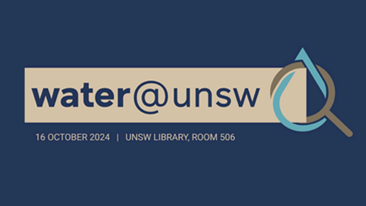 Blue text reading 'water@unsw' in a white box against a blue background. To the right is a graphic of a light blue water droplet intertwined with a grey magnifying glass.