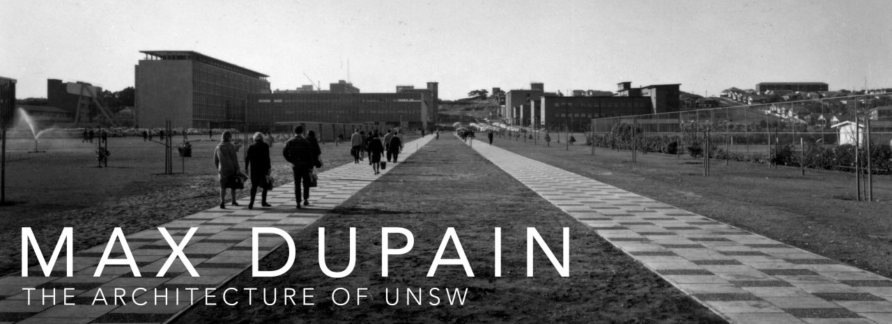 Title text overlays a black and white photo of Main Walkway from Anzac Parade, July 1964. Featured paved paths with large expanse of open space and some buildings are in the distance.