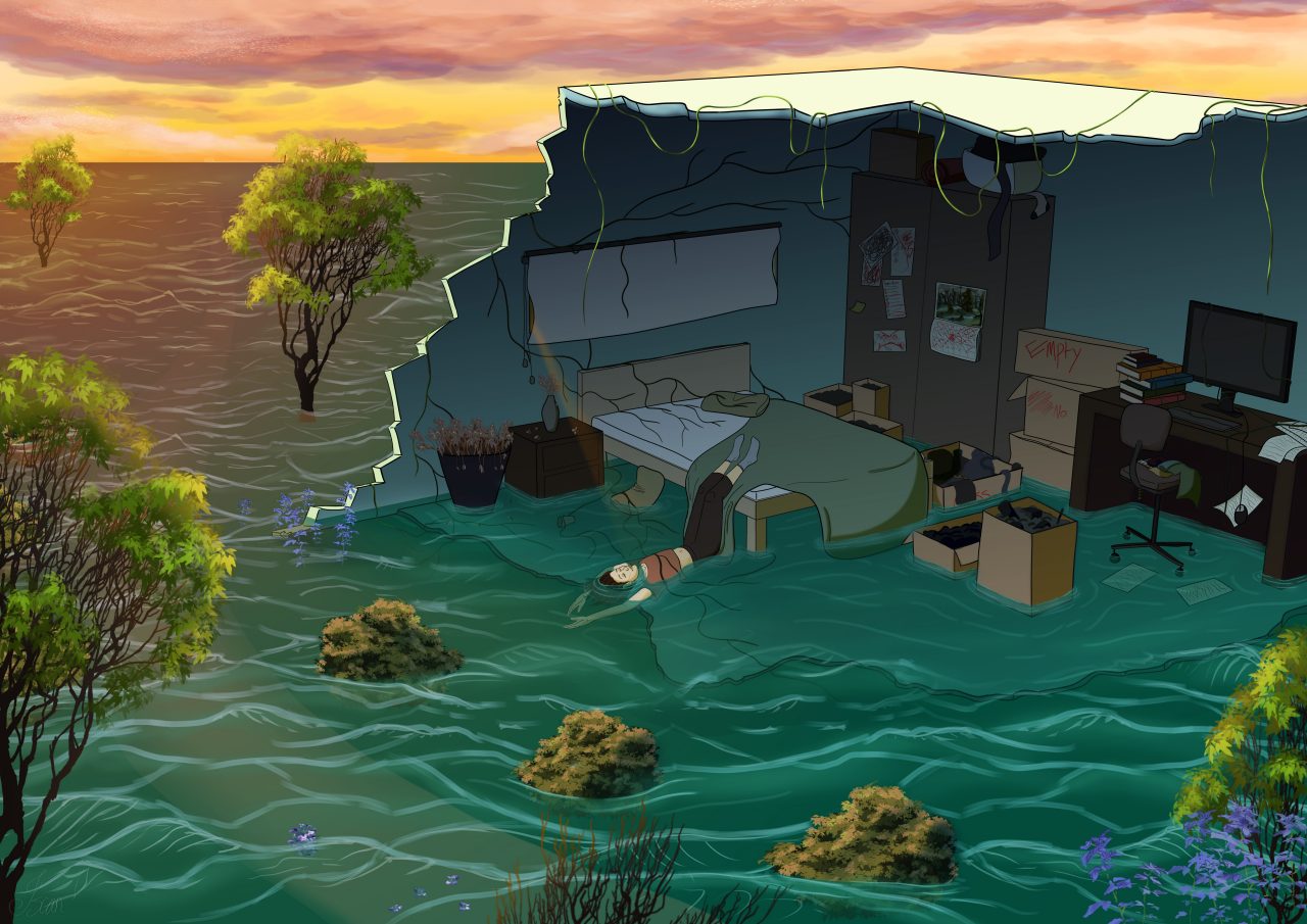 An illustration of bedroom scene that is being submerged by water. In the middle of the scene, a human figure is lying half off the bed, dangling into the water
