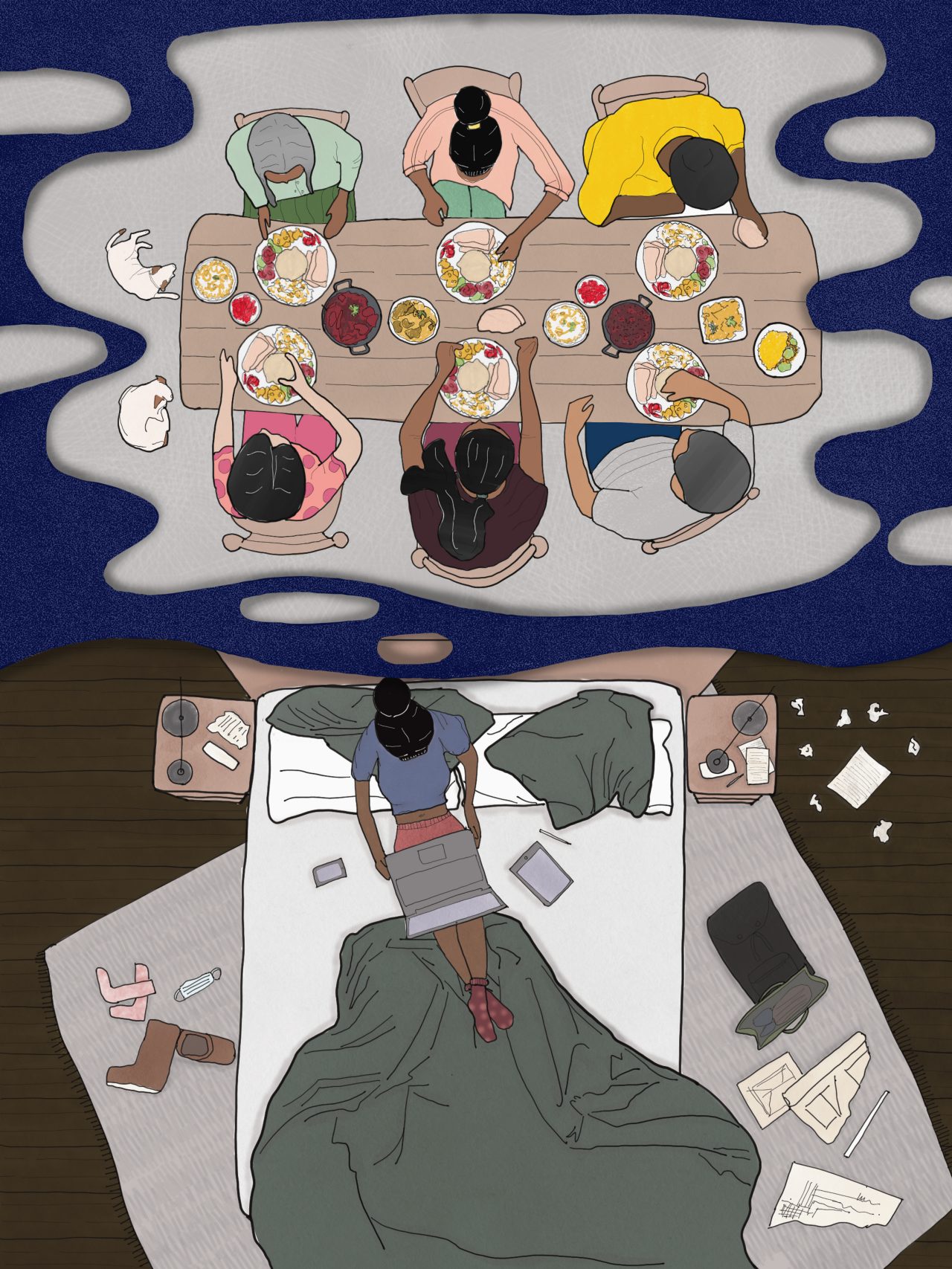 An illustration that depicts a young woman seated on a bed looking at a laptop, imagining a scenery of people gathered around a table eating and socialising