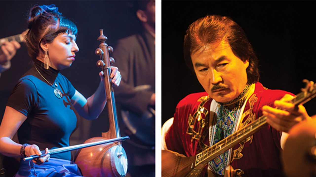 Two separate images of musicians playing instruments