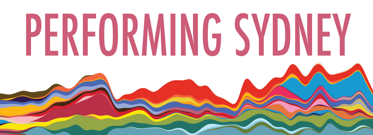 A colourful chart with curving rainbow lines. and the words 'PERFORMING SYDNEY' written in pink font