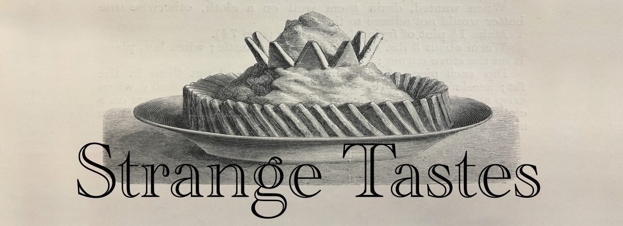 A black and white illustration of an elaborate dessert with triangular biscuits stuck to the top like a crown.