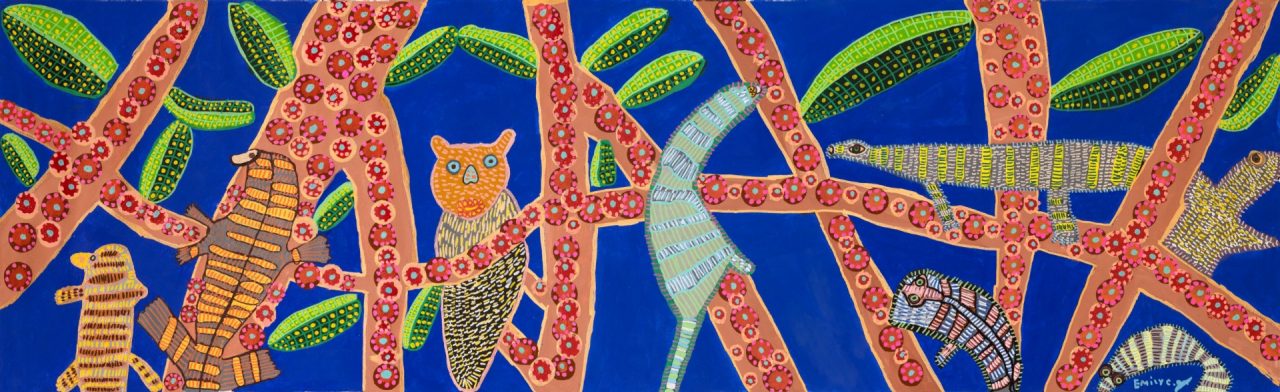 An artwork depicting patterned tree branches filled with animals against a blue background. 