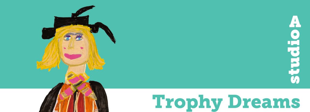 Colourful illustration of a blonde person wearing a graduation gown, artist credit below. Exhibition title and Studio A text over a teal background.