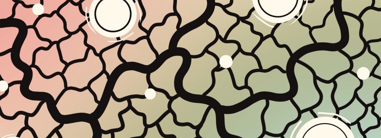 An abstract illustration of black fracturing lines interspersed with white circles, with a colour gradient shifting from pale red to green in the background