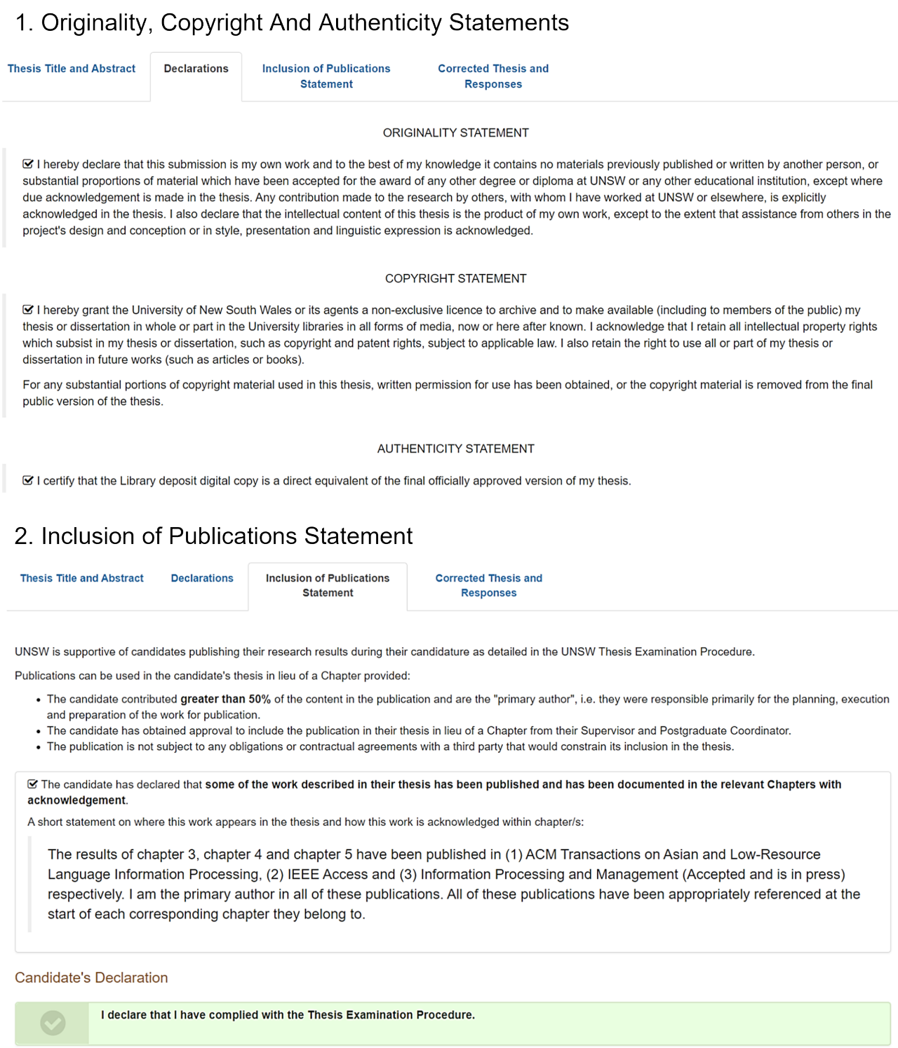 Examples of the originality, copyright and authenticity statements, and the inclusion of publications statement.