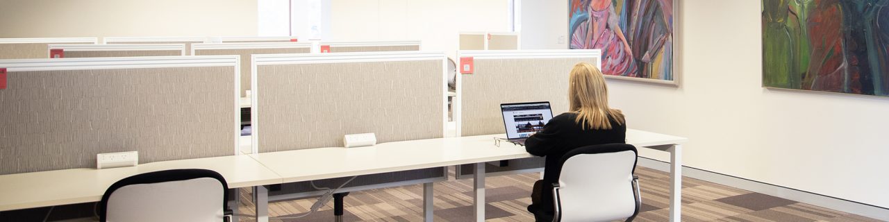 A student sitting in front of her laptop at one of the rows of desks facing towards back of room. Partial view of artwork on side wall.